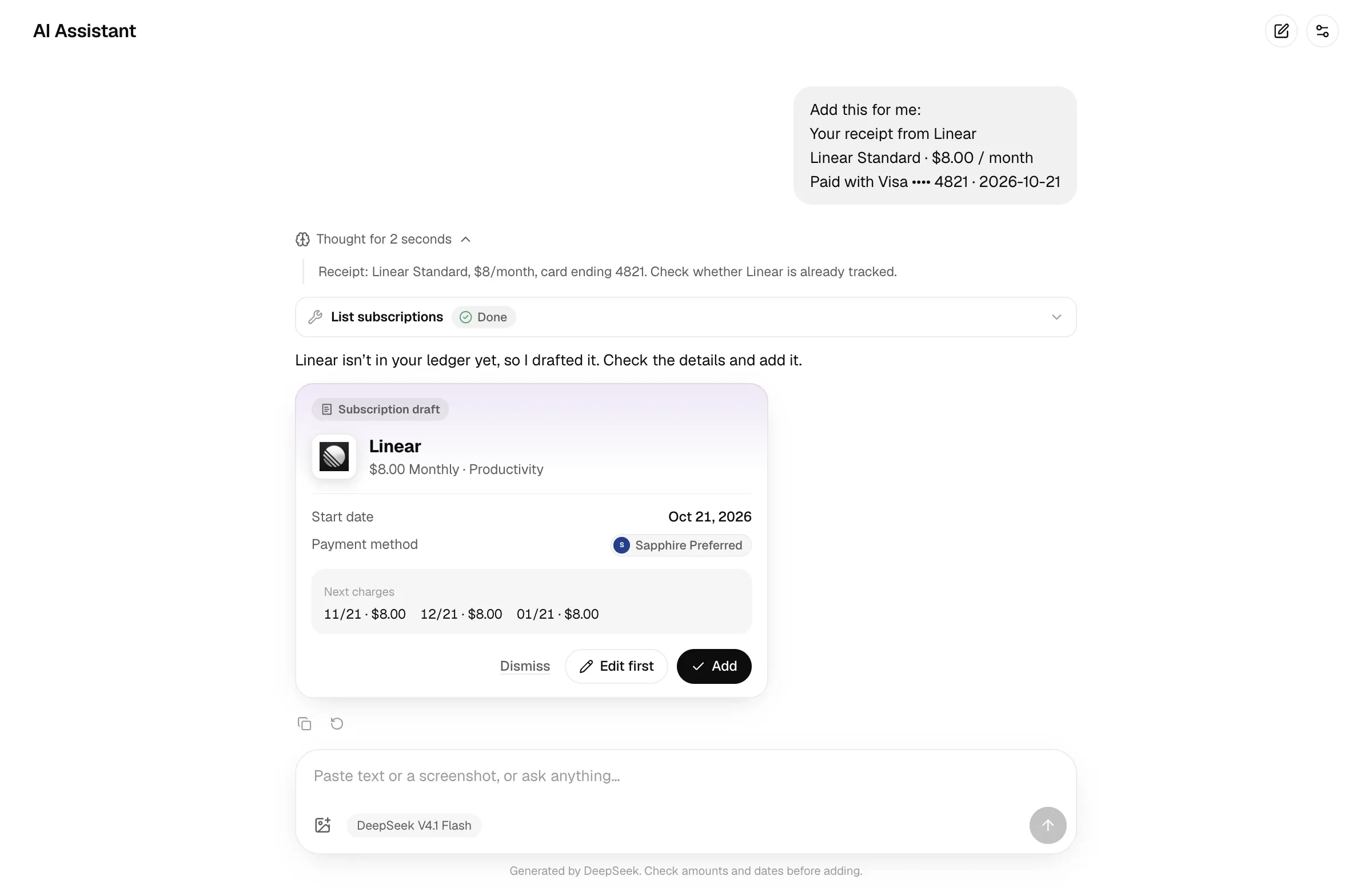 Conversation and subscription drafts in the built-in assistant
