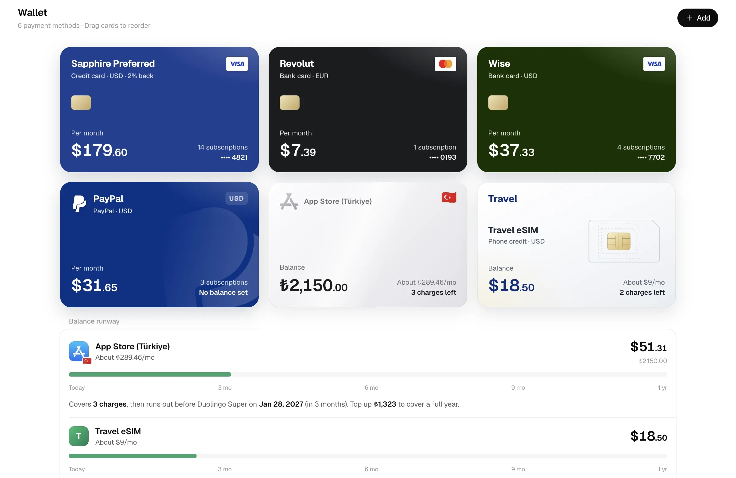 Payment methods and balance runway in Wallet